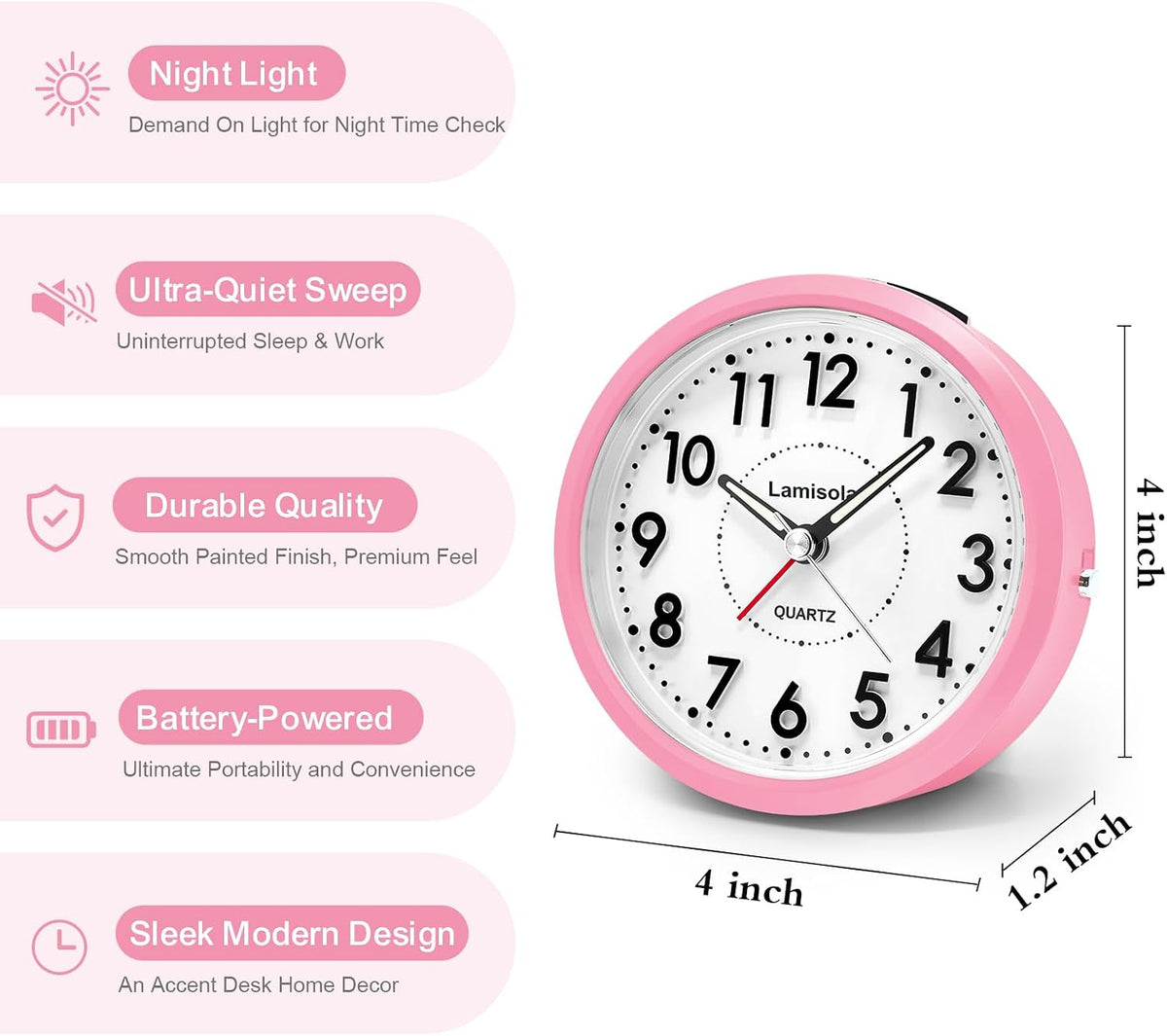 Lamisola 4 Inch Alarm Clock for Bedrooms, Small Analog Desk Clock, Black
