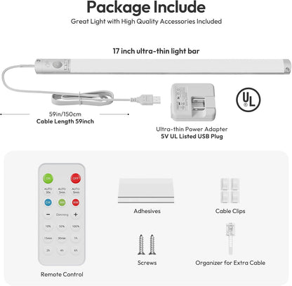 BLS 0.3" Ultra Thin Motion Sensor Under Cabinet Lights Plug in, 400LM 3 Color Dimmable LED Light Bar with Remote, USB Wired Under Counter Lighting for Kitchen Desk Shelf Workbench (No Battery), 14inch