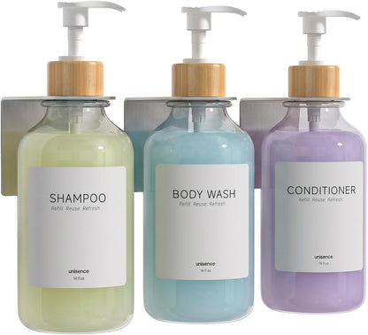 Shampoo and Conditioner Dispenser Wall Mounted Set of 3 - Shampoo Conditioner Body Wash Dispenser No Drill - White Shower Bottles Refillable with Labels and Stainless Steel Pumps 500ML/16.9oz