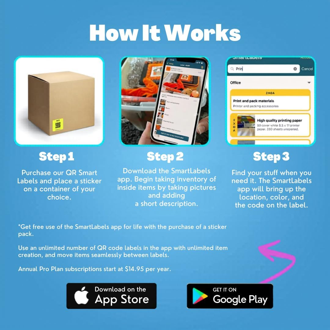 QR Code Stickers with AI Photo Analysis App - Auto-Creates Item Descriptions - No Typing - Made in USA - QR Code Labels for Storage & Inventory Tracking, Organization & Moving, Pack of 48