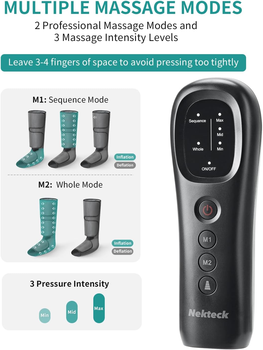 Nekteck Leg Compression Massager for Circulation and Relaxation | FSA Eligible HSA Foot and Calf Massage, 2 Modes, 3 Intensities, 20 Mins Auto-Off, Hand-held Controller, Adjustable Leg Wraps