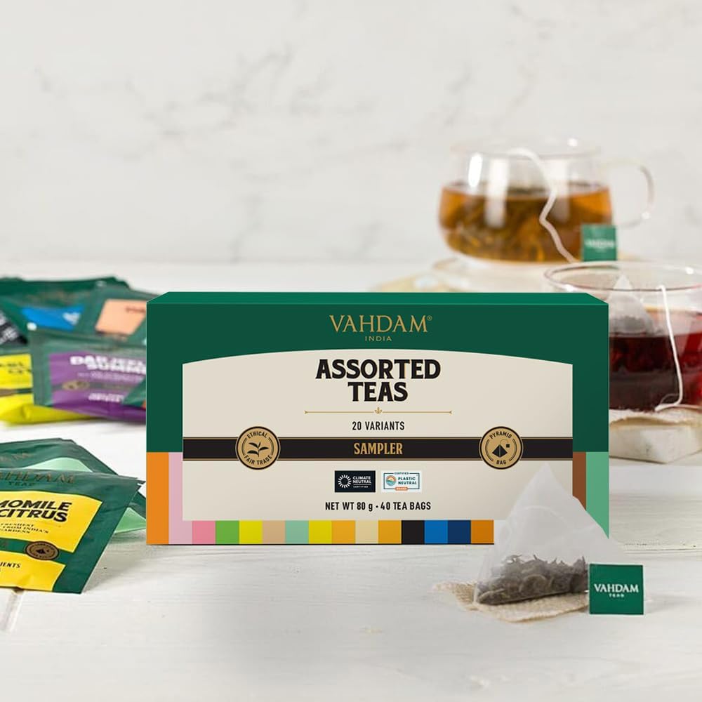 VAHDAM, Assorted Herbal Tea Sampler (18 Tea Bags, 9 Flavors) Caffeine-Free, Non-GMO | Double Infusion, Individually Enveloped Tea Bags | Herbal Tea Assortmen