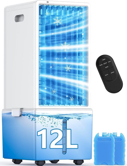 Portable Air Conditioners 4 Modes&3 Speeds,4 Ice Packs, Waterless Alert System, 12H Timer, Remote,1 Gal Detachable Water Tank, 70°Oscillation Windowless Evaporative Air Cooler for Room Office