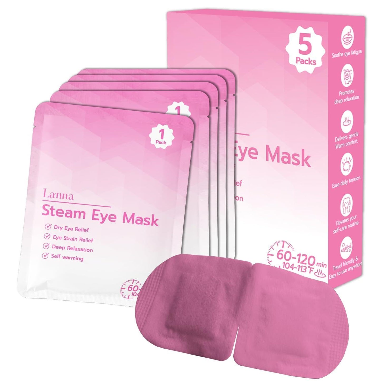LANNA Heated Steam Eye Mask, Disposable 120 Minutes, Lavender Scent, 5 Pcs | Great for Sleep & Spa Relaxation, Self Heating Warm Compress for Dry & Puffy Eyes Long Lasting Heated Eye Mask for Stye Eyes