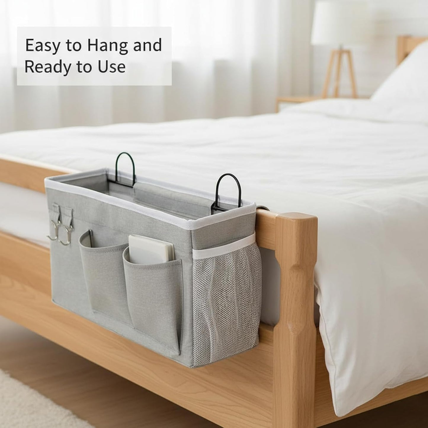 Bedside Storage Caddy with Metal Hooks,Hanging Bedside Organizer | Large Capacity Bag for Dorm Bunk Bed Headboard, Remote Phone Book Holder (Grey) (2)