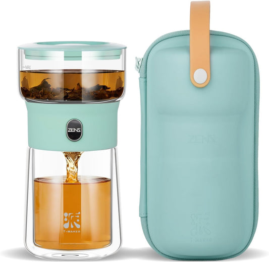 ZENS Modern Tea Infuser Pot, Small One Touch Tea Maker for Loose Tea, Blue | Glass Magic Teapot, Portable Tea Infuser with 6.7oz Insulated Mug and Case, Fancy Tea Diffusers for Tea Lovers