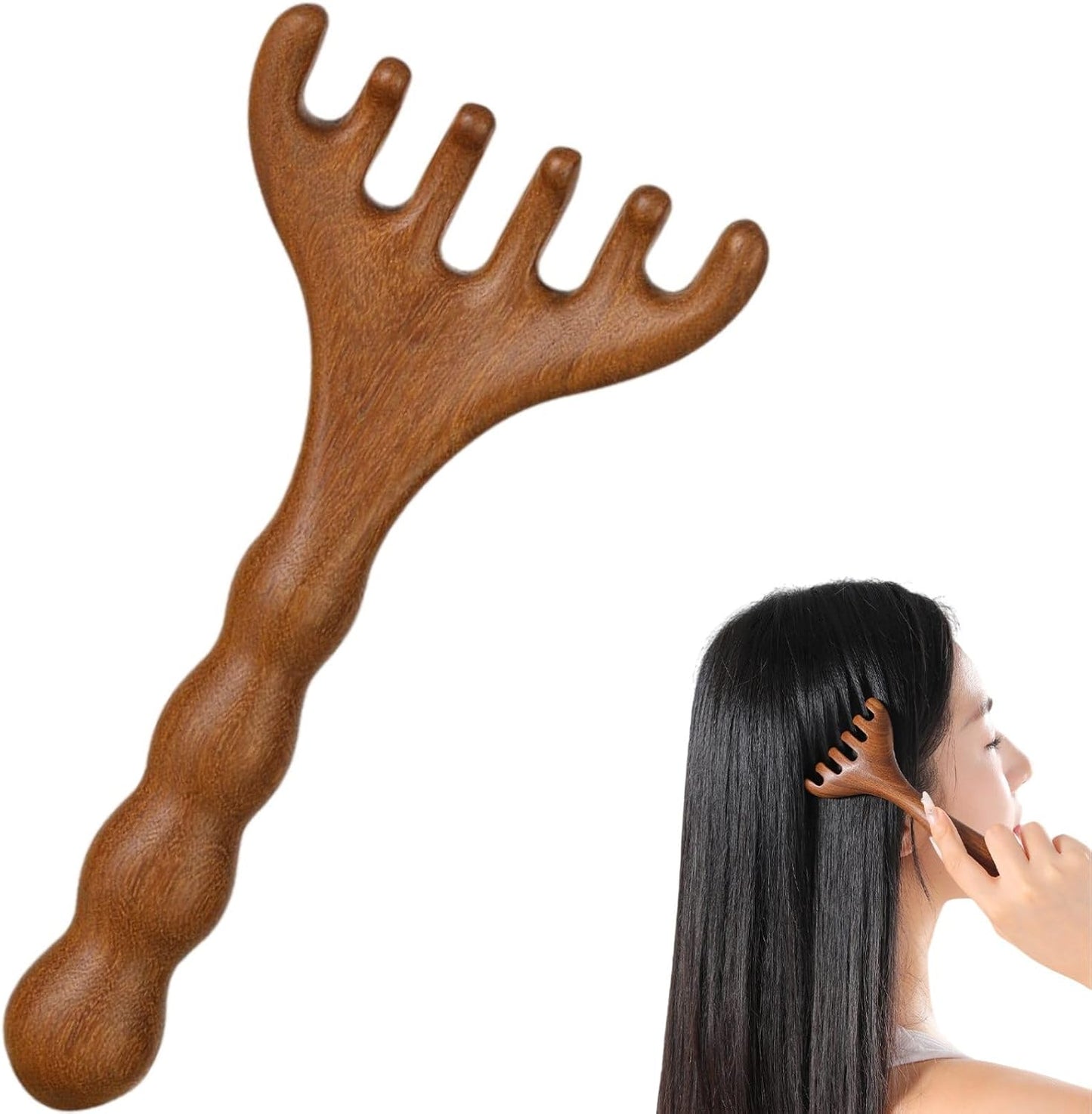 Sandalwood Scalp Massager, Wooden Gua Sha Face Neck Acupoint Tool | Long Handle, Scalp Face Neck Gua Sha, Acupoint Stimulation, Natural Wooden Comb Teeth, Relieve Tension, Promote Circulation