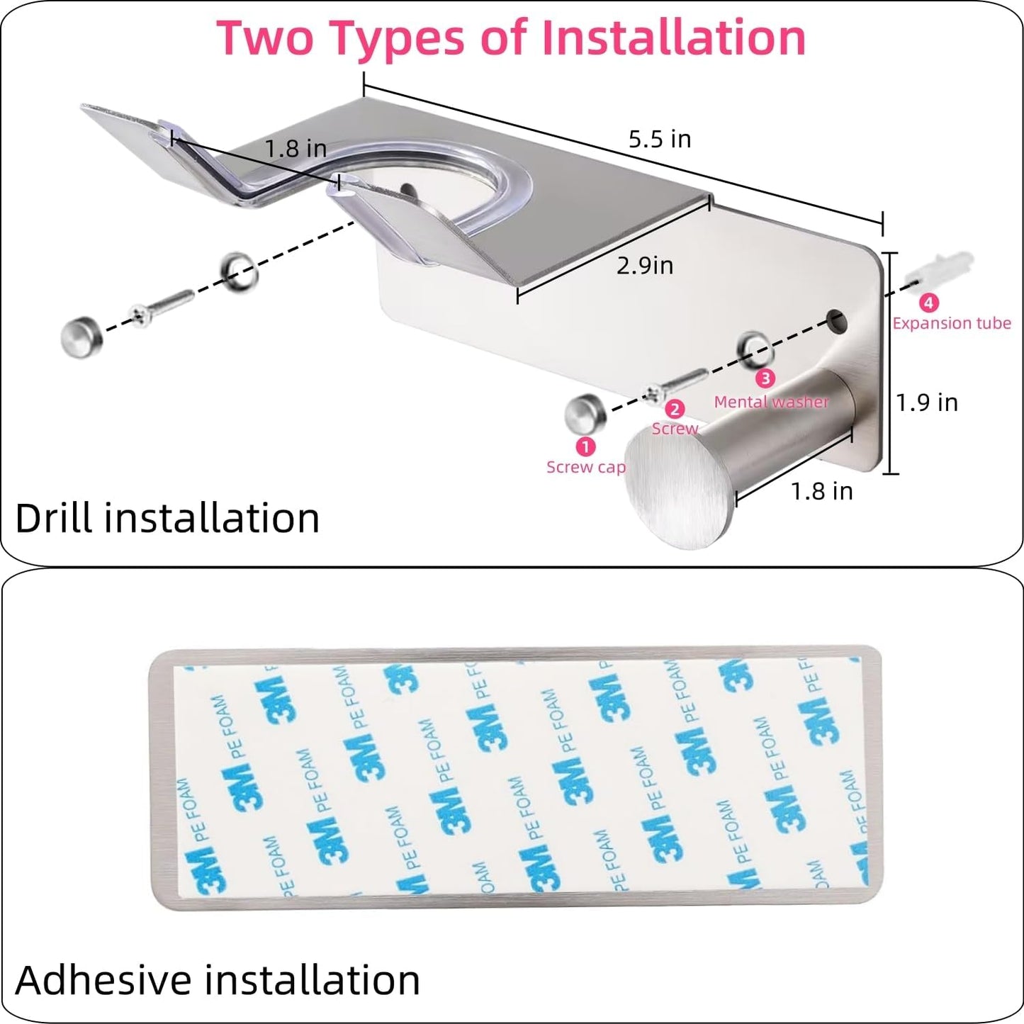 Hair Dryer Holder Wall Mounted, Stainless Steel Blow Dryer Holder for Bathroom, Hair Dryer and Straightener Holder Adhesive or Drilling, Hair Tool Organizer for Salon Barber Shops Banjekt