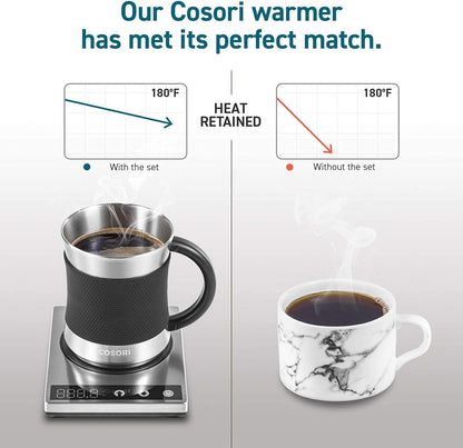 Cosori Coffee Mug Warmer & Mug Set, 1°F Precise Temperature Control | Digital Cup Heater, Touch Tech & LCD Digital Display (77-194℉), 304 Stainless Steel, for Desk, Office, Silver/Black