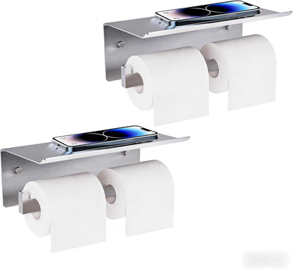 Double Toilet Paper Holder with Shelf, FreshGlow Large Tissue Holder Brushed Nickel, Wall Mount Commercial Toilet Paper Dispenser Phone Shelf Stainless Steel, Tissue Roll for Bathroom
