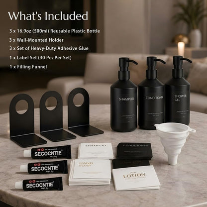 Shampoo and Conditioner Dispenser Set of 3 for Wall Mount | 16.9 fl oz Drill Free Shower Soap Bottles,Refillable Body Wash Dispensers for Bathroom Decor (Amber Bottles + Bamboo Pumps)