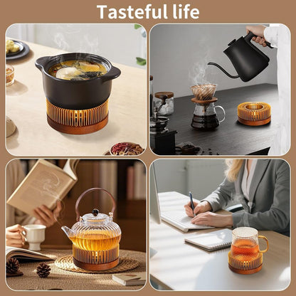Teapot Warmer, Aluminum Tea Warmer with Wooden Base, Candle Heater for Heating Tea, Coffee, Milk, Food,Camping and Traveling, Universal Teapot Heater (Large-with Wooden Base)
