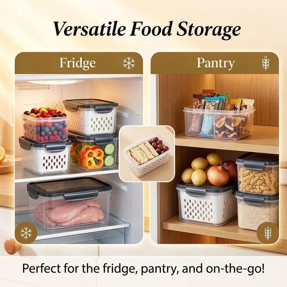 4 in 1 Food Storage Container-2/3 Pack Set with Lids, Fruit Storage Containers for Fridge with Removable Colander,Stackable Fridge Transparent Plastic Storages Box, Dishwasher Safe (Gray, S+M+L)