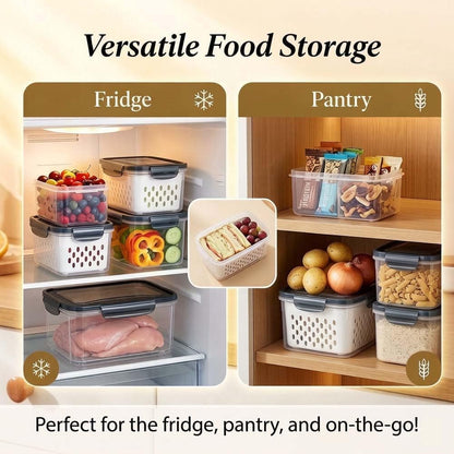 4 in 1 Food Storage Container-2/3 Pack Set with Lids, Fruit Storage Containers for Fridge with Removable Colander,Stackable Fridge Transparent Plastic Storages Box, Dishwasher Safe (Gray, S+M+L)
