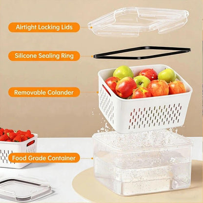 Yuonry 4 in 1 Food Storage Container, Fruit Storage Containers for Fridge, Produce Containers with Lid and Strainer, Including Drain Basket, Multipurpose Large Fruit Container for Fridge(Blue)