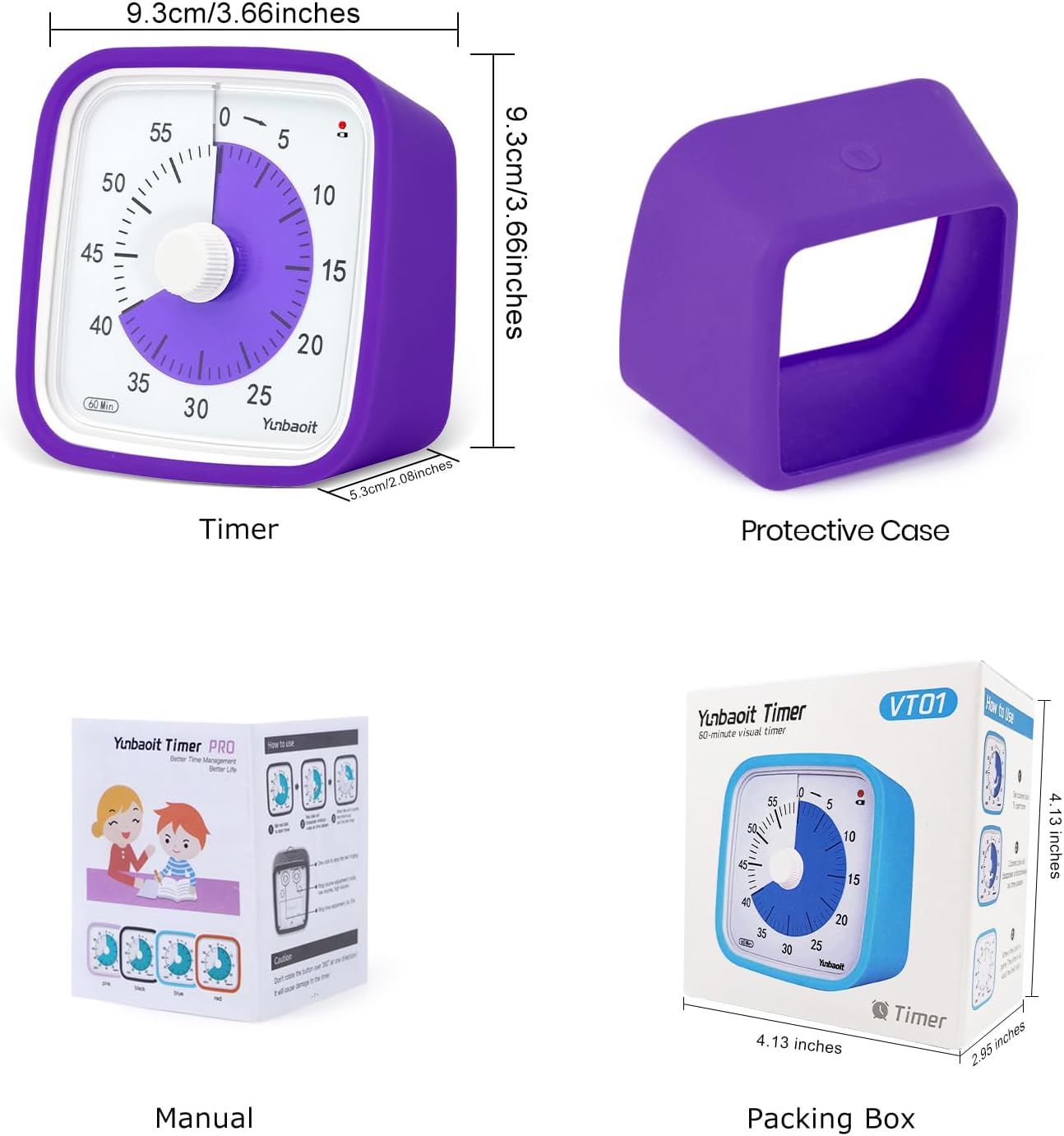 Yunbaoit Rainbow Visual Timer for Kids, 60-min Countdown Timer, Blue | Protective Case, No Ticking, Mute and Ringing Alarm Available, Time Management Tool, Low Power Reminder, for Study,Game,Work