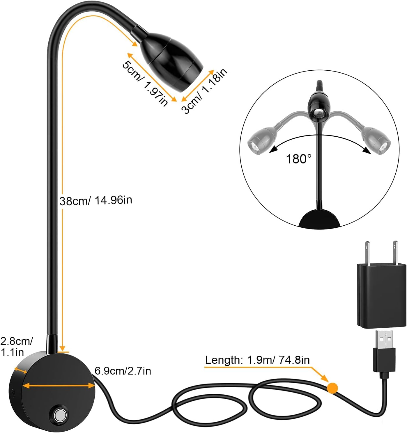 Wall Mounted LED Reading Light with 15" Flexible Gooseneck, Dimmable Book Light for Reading In Bed with USB Charging Port, Plug In Headboard Night Lights, 3 Colors Temperature, Touch Control-2 Pack