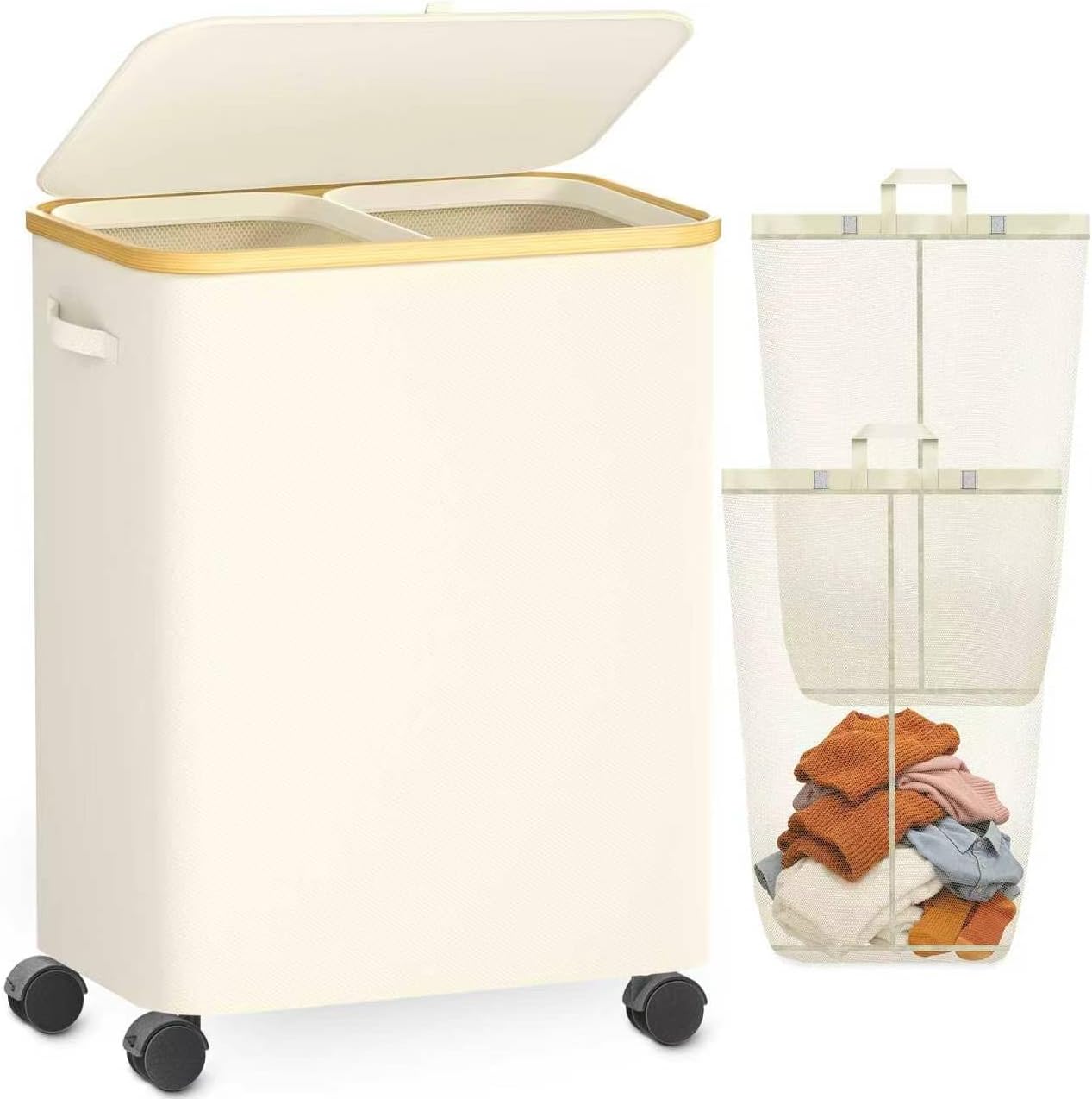 Double Laundry Basket with Wheels and Lid, 150L Clothes Hampers for Laundry | Large Laundry Hamper with 2 Sections & Removable Liner Bags, Rolling Dirty Clothes Basket for Bedroom Bathroom Dorm College