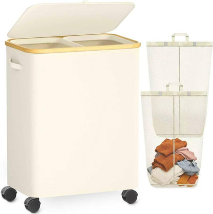 Double Laundry Basket with Wheels and Lid, 150L Clothes Hampers for Laundry | Large Laundry Hamper with 2 Sections & Removable Liner Bags, Rolling Dirty Clothes Basket for Bedroom Bathroom Dorm College