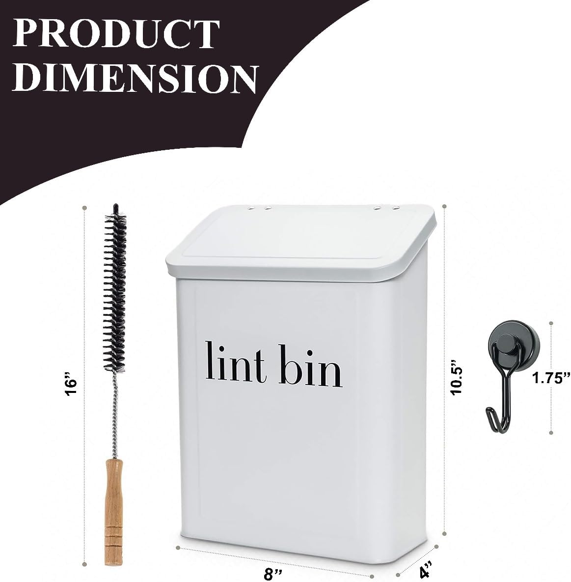 Magnetic Lint Bin with Lint Brush, two white hooks, one black back hook & all accessories for Laundry Room decor, Wall-Mounted Lint Bin with Lid, Powder Coated, Space-Saving Trash Can (Black)