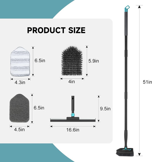 nacena Shower Scrubber with Long Handle, 4 in 1 Tile Tub Scrubber Brush with 3 Detachable Cleaning Heads and V-Shaped Grout Brush Shower Cleaner Brush for Bathroom Kitchen Toilet Tub Sink Wall, Black