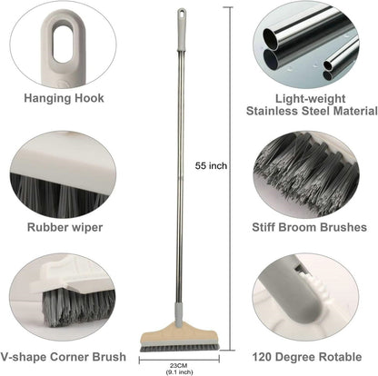 2 in 1 Floor Brush Scrubber with Long Handle Grout Brush 3 Poles 53.5'' New Upgrade Stiff Bristle Cleaning Scrub Brush with Squeegee 120°Rotating Tile Brush for Cleaning Bathroom Glass Patio Kitchen