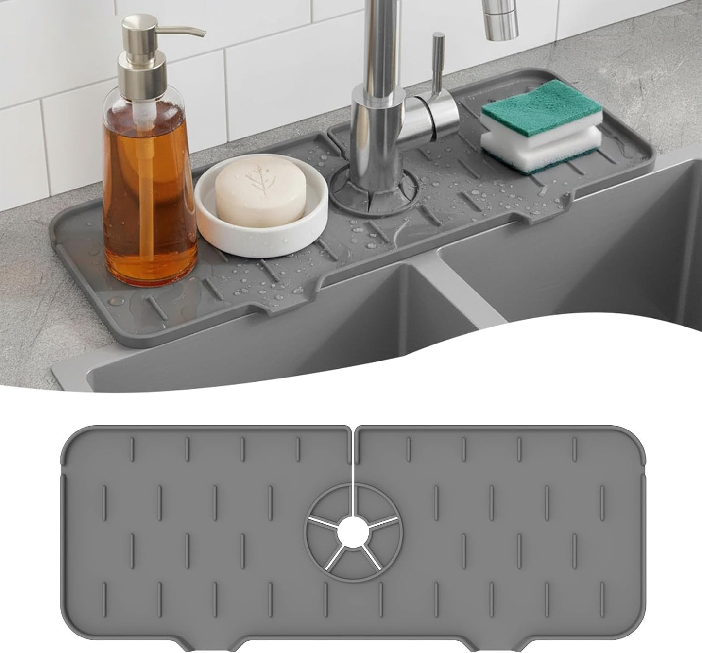 Silicone Faucet Handle Drip Catcher Drying Tray Mat Dish Soap Sponge Holder Accessories Gadgets for Kitchen Counter Bathroom Kitchen Sink Splash Guard (Gray, 24")
