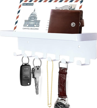 GTK Key Holder for Wall Key Hooks with Tray and 6 Hooks, Wall Mounted Key Holder for Hallway, Key Rack with Shelf for Mail Storage (Black)