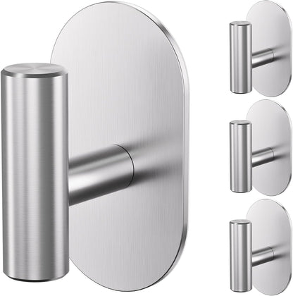 Aikzik Adhesive Towel Hooks - 4 Pack 26LB Extra Strong Heavy Duty Wall Hooks for Bathroom/Shower Door Hanging Coat, Robe, Towel, Dogs' Leads and Collars (Matte Black, Stainless Steel)