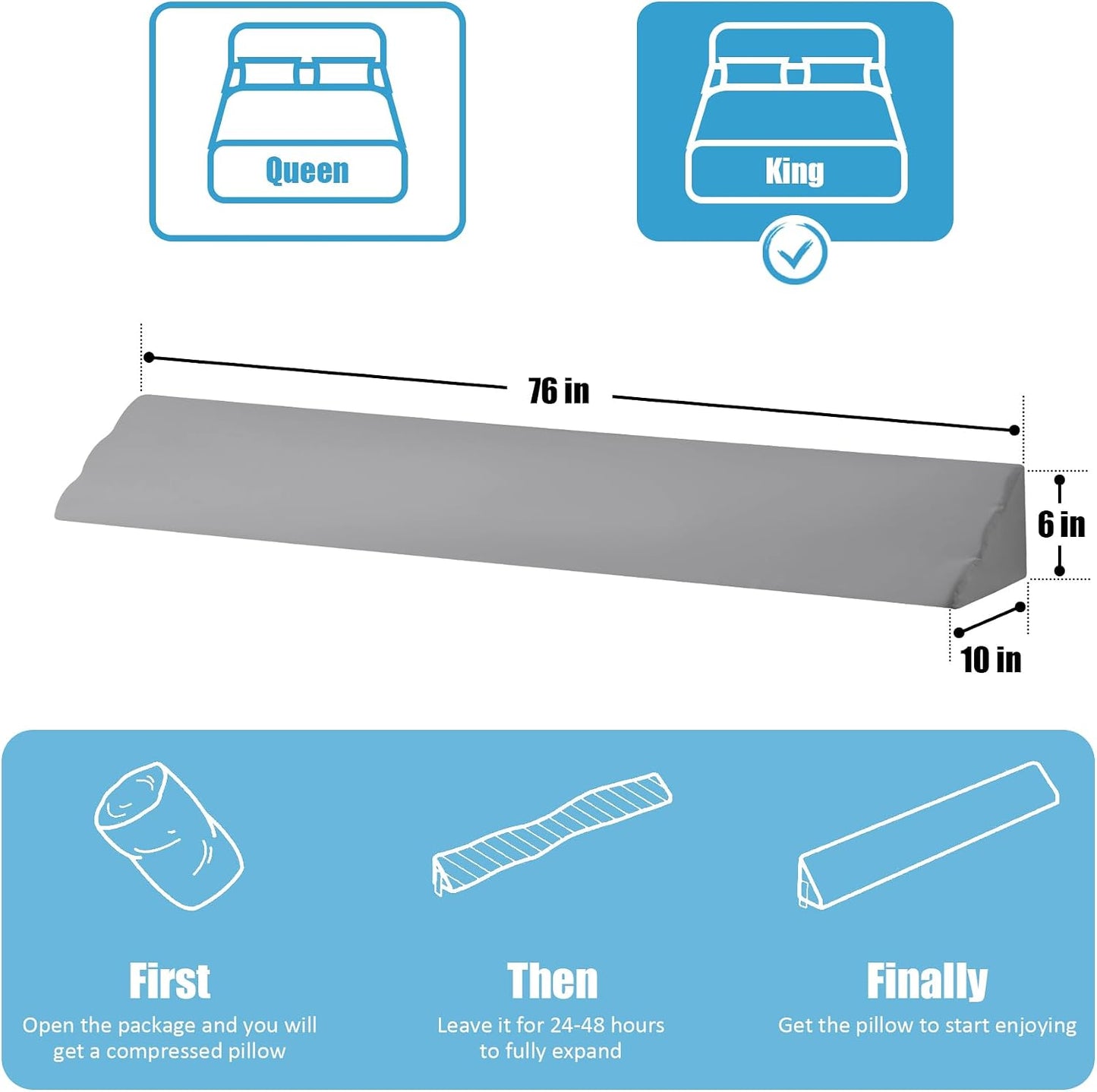MEGCXIT King Bed Wedge Pillow for Headboard, 76"×10"×6", White | Bed Gap Filler, Triangle Pillow Wedge for Headboard Gap, Bolster Pillows for Beds, Anti-Slip Mattress Wedge Gap Filler