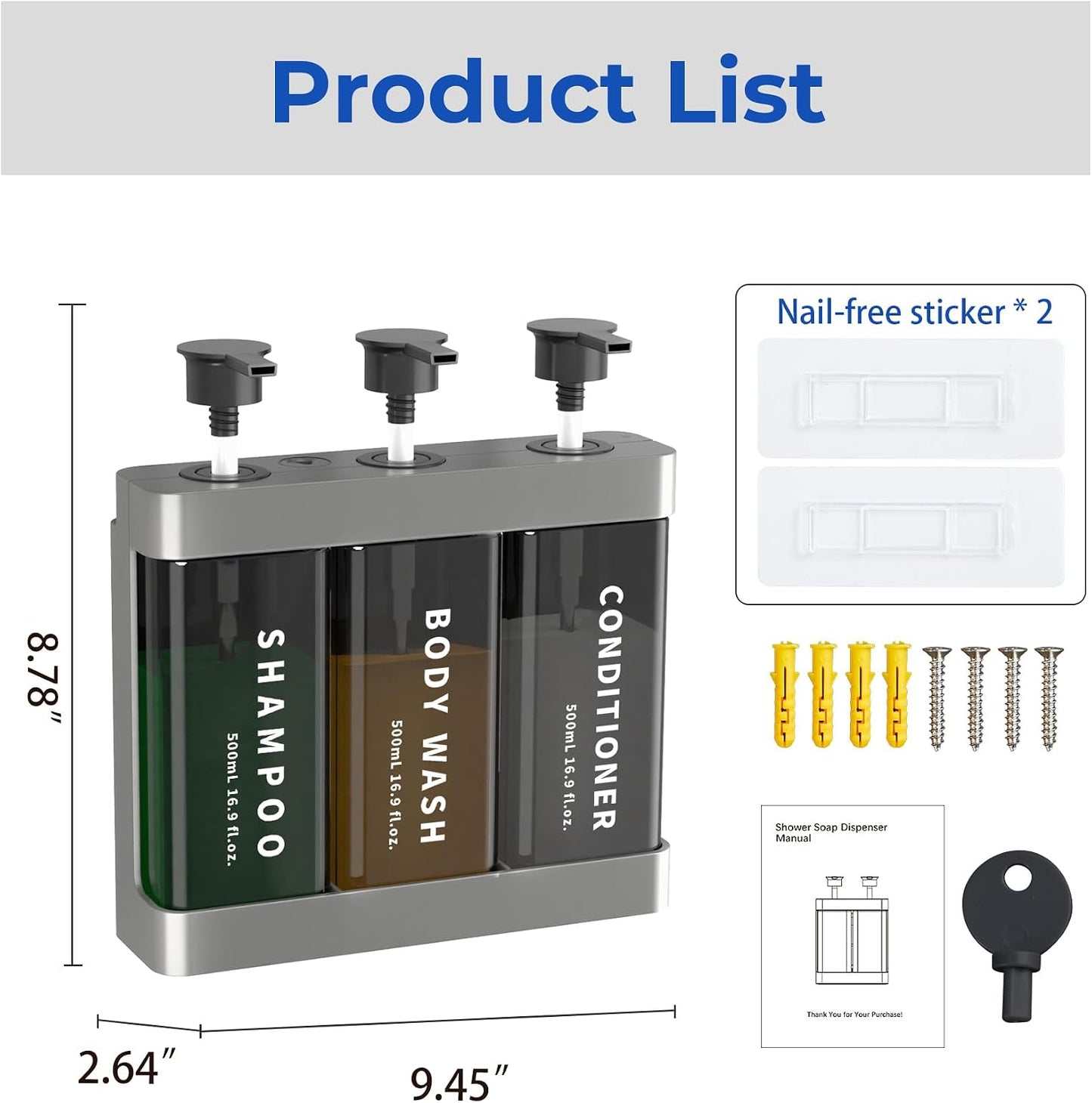 Shampoo and Conditioner Dispenser Shower Soap Dispenser 3 Chamber No Drill, 3 * 16.9 fl.oz Shampoo Dispenser for Shower Wall Mounted Shower Shampoo Dispenser 3 Chamber for Bathroom Hotel Black