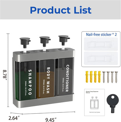 Shampoo and Conditioner Dispenser Shower Soap Dispenser 3 Chamber No Drill, 3 * 16.9 fl.oz Shampoo Dispenser for Shower Wall Mounted Shower Shampoo Dispenser 3 Chamber for Bathroom Hotel Black