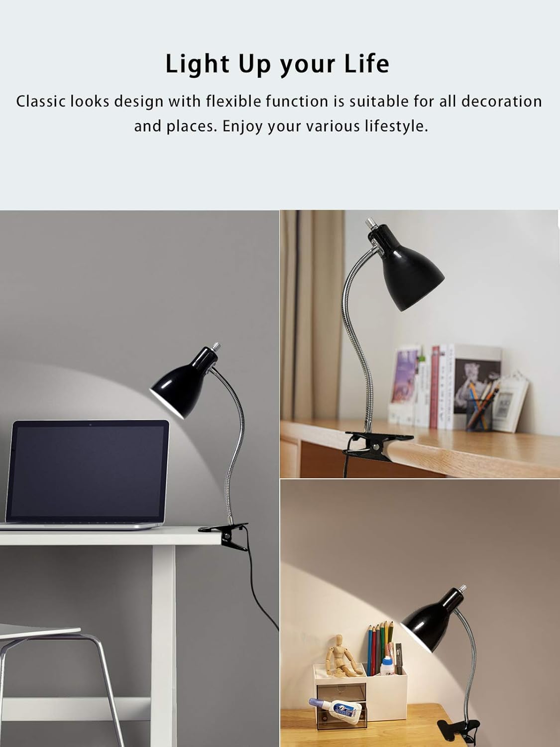 Desk lamp Eye-Caring Table Lamps, 360°Rotation Gooseneck Clip on Lamp Reading Light Portable Reading Book Light Clamp Study Desk Lamps for Bedroom and Office Home Lighting (White)