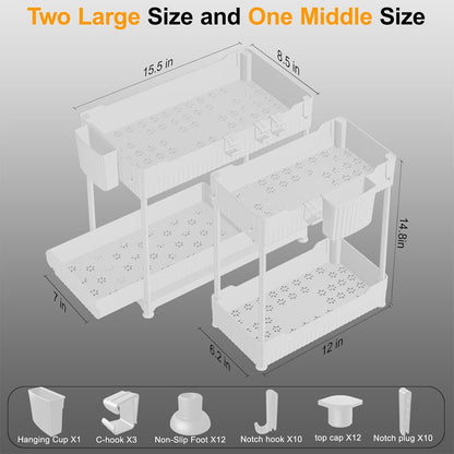 3-Pack 2-Tier Under Sink Organizers with Sliding Drawers | Multi-use kitchen & bathroom storage, 12.8 inch black cabinet organizer, space-saving sliding drawer design.