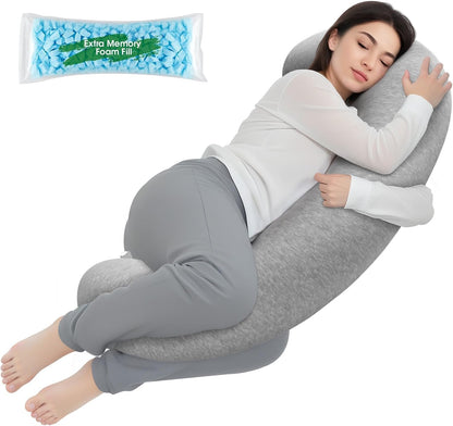 TranquilRelax C Shaped Body Pillow for Side Sleepers, Memory Foam Long Pillow for Leg, Hip & Back Support, Soft Washable Cover,Grey-47"*10"