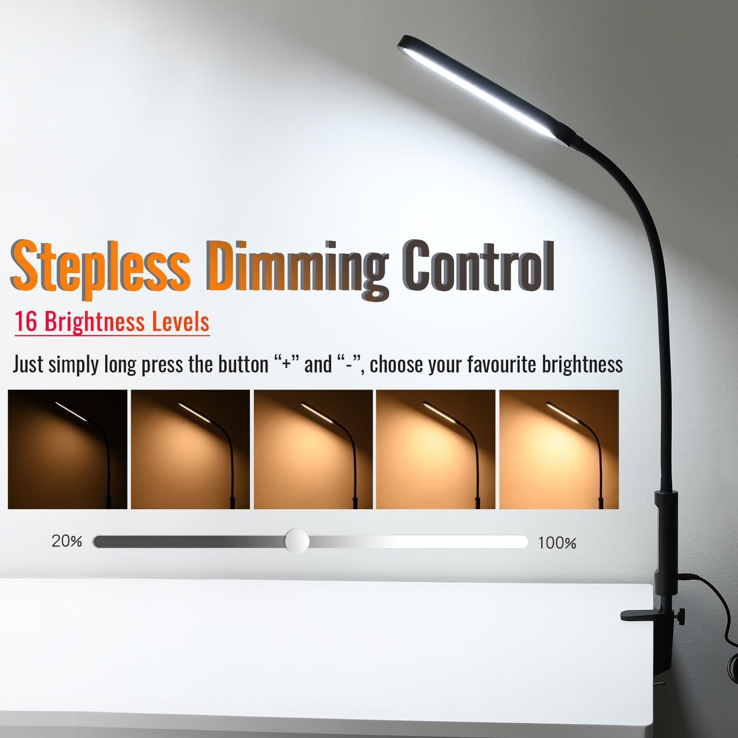 18W 3000LM LED Clamp Desk Lamp | CRI 95 Eye-Caring Light with Remote & Touch Control, 360 Flexible Gooseneck, 3 Color Modes for Home Office(Adapter Included)