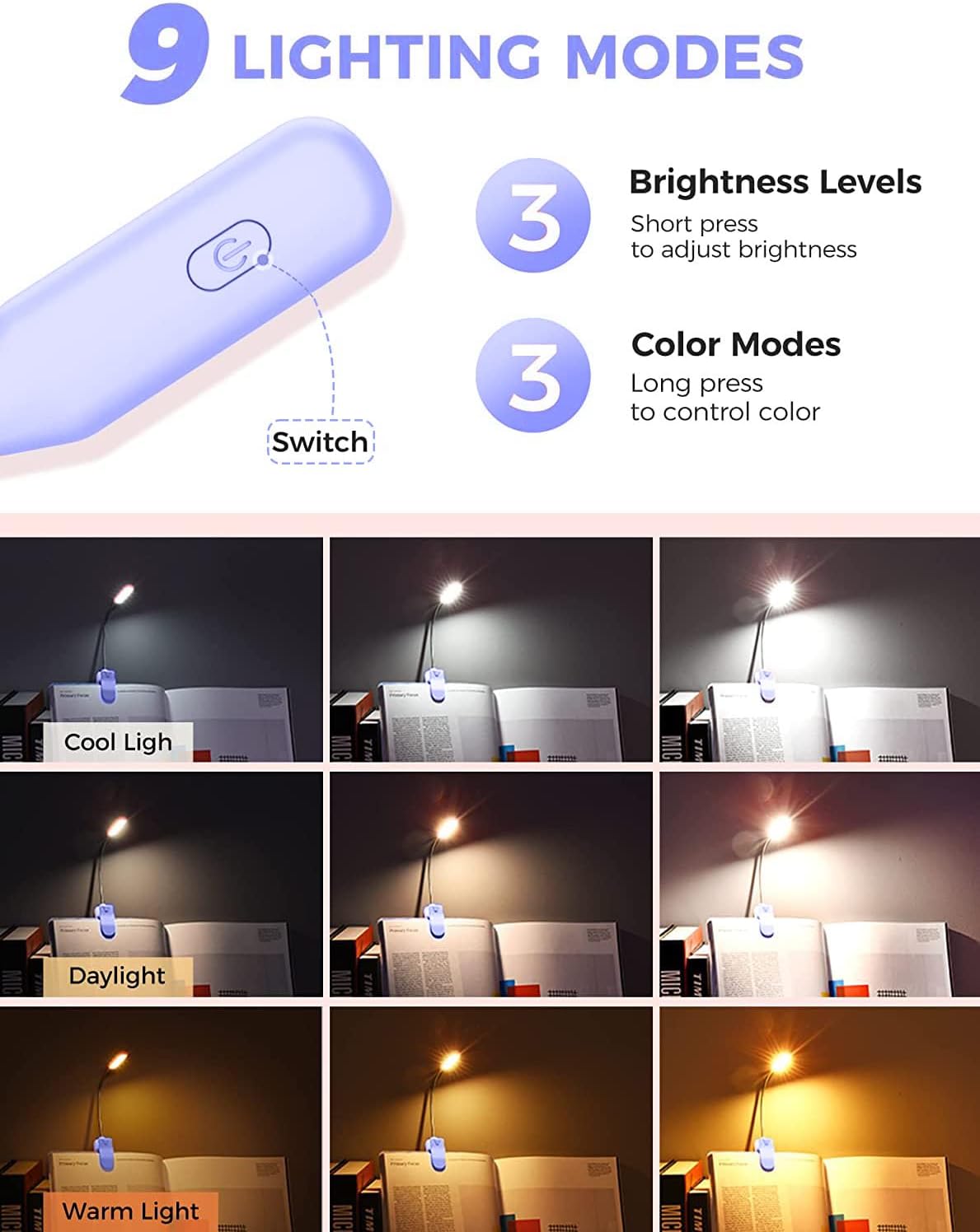 Mini Book Light, Rechargeable Up to 60 Hours, 9-Level Brightness, Easy Clip On Lamp for Night Reading in Bed, Eye Protection Table Light for Bookworms, Kids