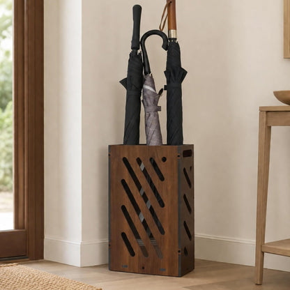Faux Wood Umbrella Stand for Entryway, Free Standing Indoor Holder | Waterproof PVC cane rack and rain gear organizer with removable drip tray. Elegant decorative accent for home or lobby.