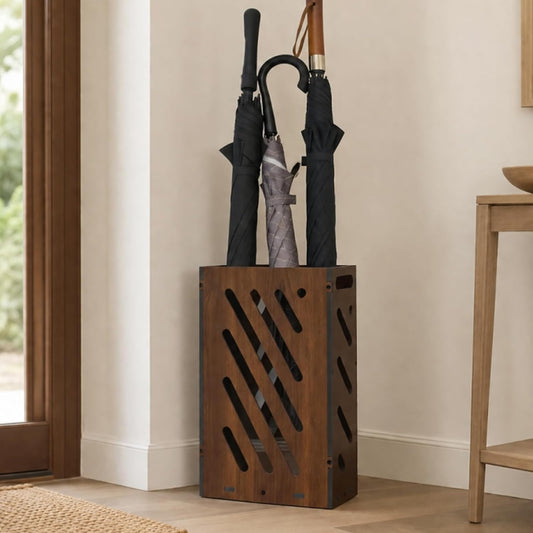Faux Wood Umbrella Stand for Entryway, Free Standing Indoor Holder | Waterproof PVC cane rack and rain gear organizer with removable drip tray. Elegant decorative accent for home or lobby.