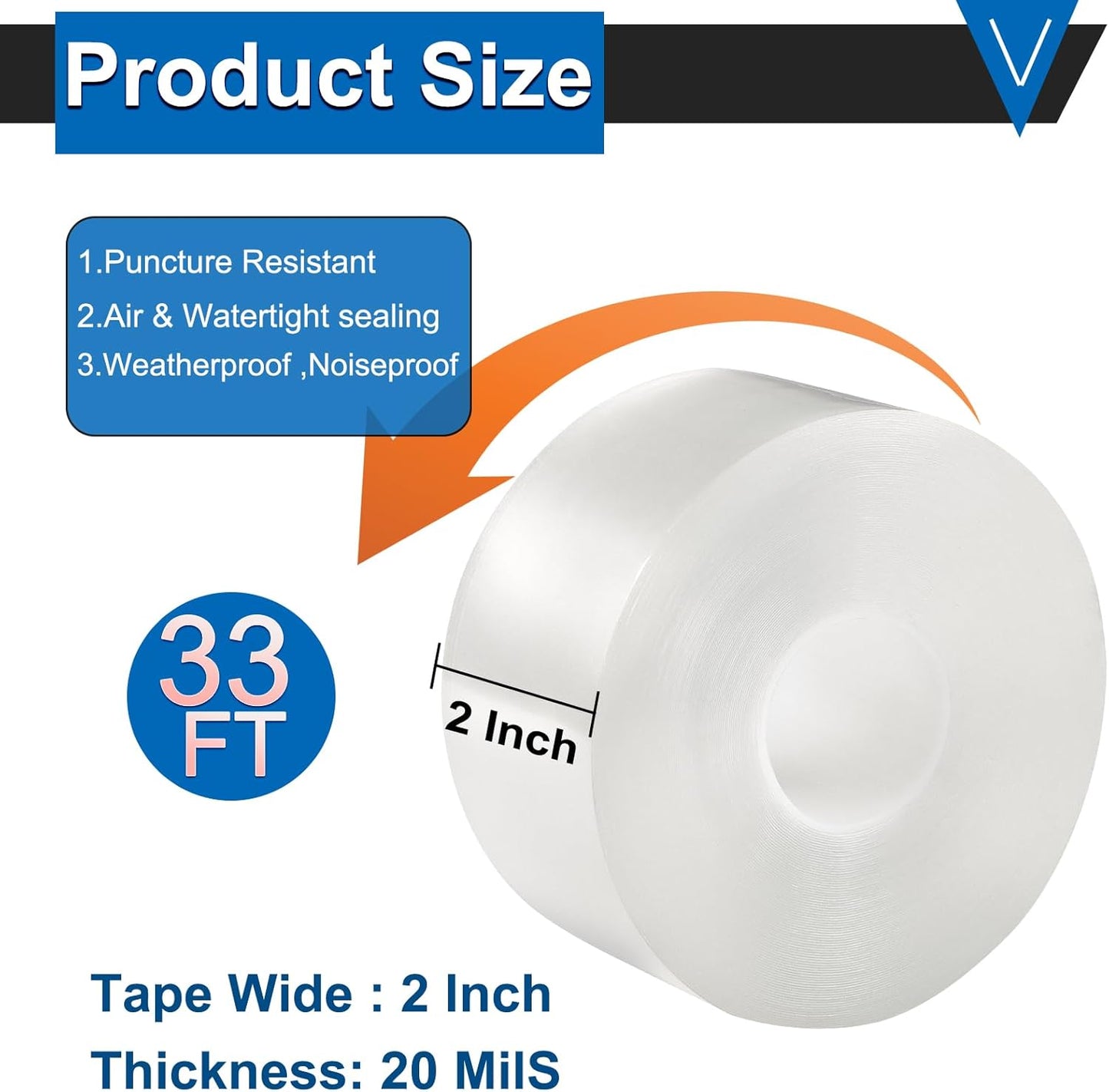 Window Weather Sealing Tape 2 Inch x 33 FT Weather Stripping Residue-Free Clear Window Draft Isolation Sealing Film Caulk Tape for Doors and Shower Glass Gaps Bathroom