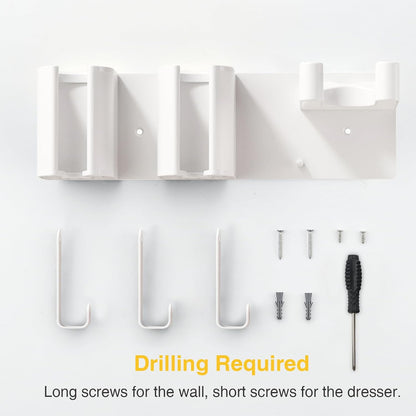 Hair Tool Organizer Wall Mount, Hair Dryer & Curling Iron Storage | 3-Compartment Blow Dryer and Straightener Holder, Screw Mounting, Aluminum Alloy & ABS, White (Hair Tools Not Included)