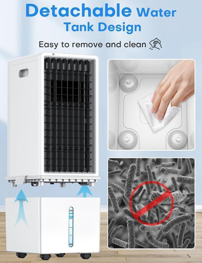 Portable Air Conditioners 4 Modes&3 Speeds,4 Ice Packs, Waterless Alert System, 12H Timer, Remote,1 Gal Detachable Water Tank, 70°Oscillation Windowless Evaporative Air Cooler for Room Office
