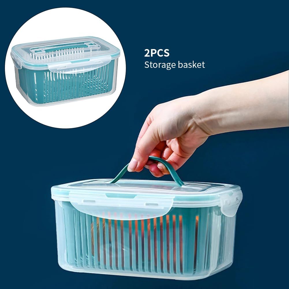 2 Pack Fruit Storage Containers for Fridge w/Removable Colander | 44oz+23oz - Stackable & Handle, Fresh Food Produce Saver Containers with Removable Colander, Vegetable Lettuce Keeper Bowl