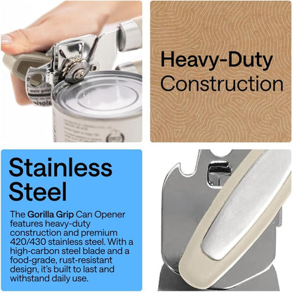 GORILLA GRIP Original Model Stainless Steel Smooth Edge Manual Can Opener and Bottle Openers, US Designed, Comfortable Handle, Oversized Handheld Turn Knob, Multifunctional Kitchen Tool, Gray