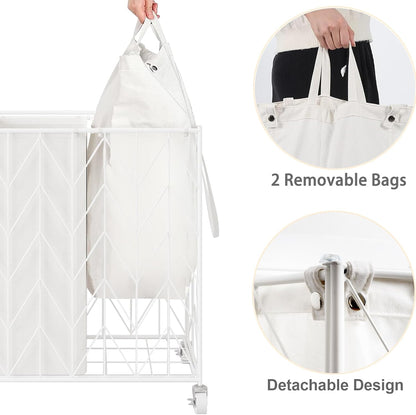 WOWLIVE Laundry Hamper 3 Section with Lid, 142L Laundry Basket with Wheels | Rolling Dirty Clothes Hamper with Removable Bags, Large Iron-Made Laundry Basket Organizer Laundry Sorter for Dorm, Beige