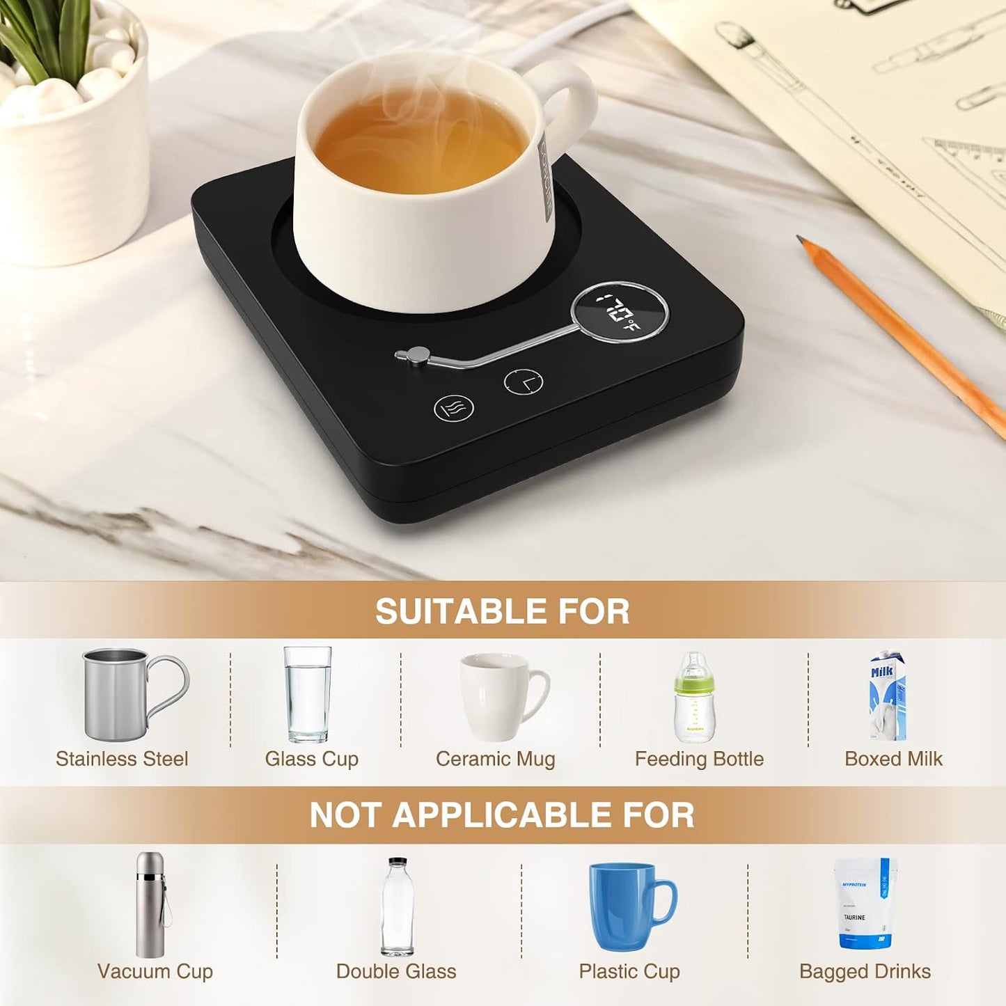 Tiptop Home Coffee Mug Warmer for Desk, Auto Shut Off, 3 Temperature Settings, Smart Candle & Tea Warmer with Gravity Sensor