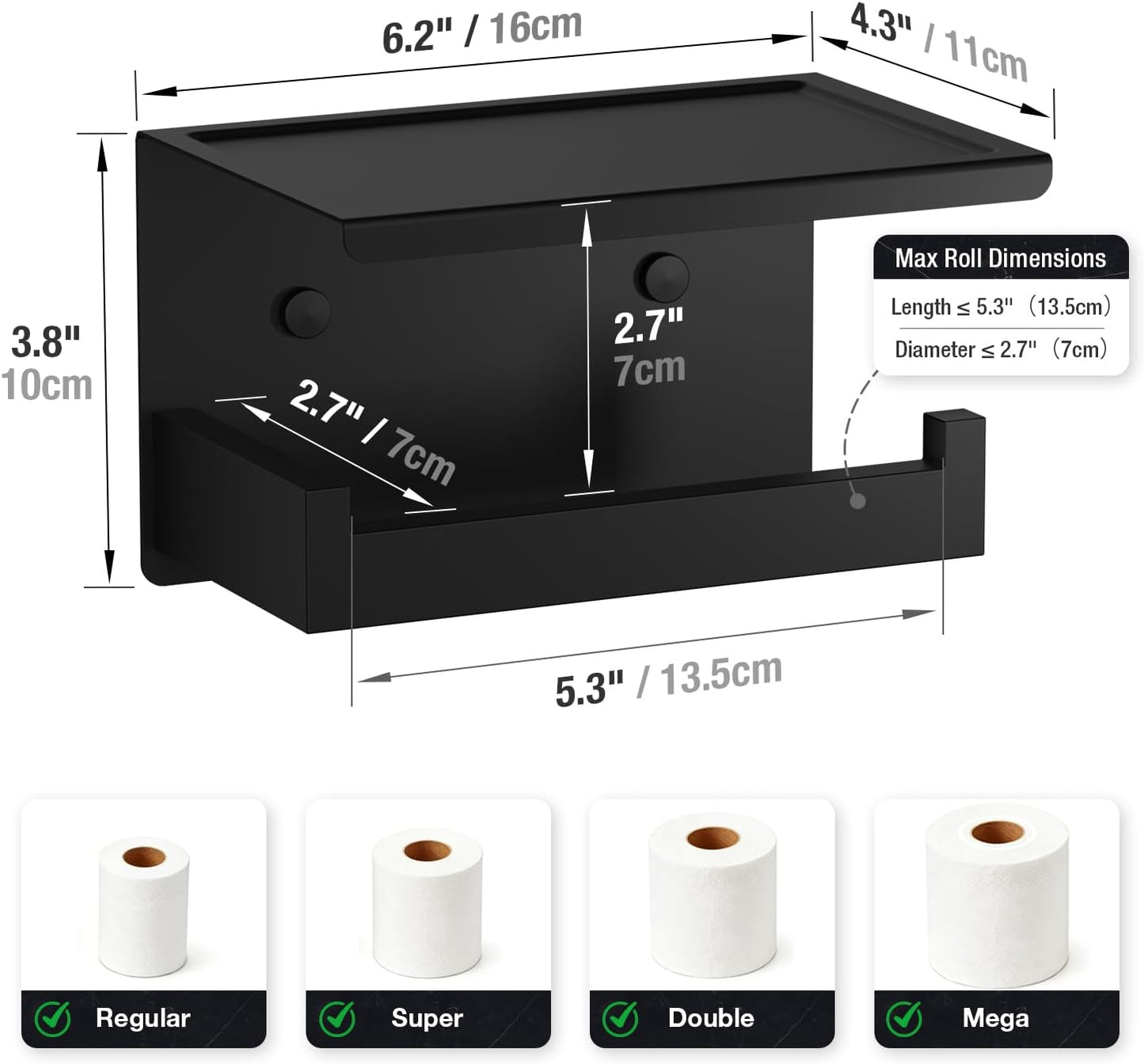 HITSLAM Toilet Paper Holder Matte Black, Adhesive Wall Mount, No Rotation | Heavy Duty Metal | anti rotation slot | vertical or horizontal setup |rustproof matte black finish|Bathroom Tissue Dispenser