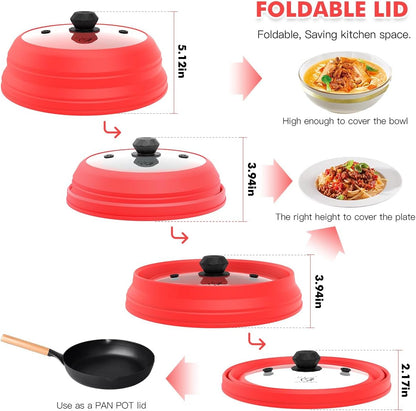 Microwave Splatter Cover Vented Glass Cover Splatter Guard Lid with Collapsible Silicone for Food as Pot Cover Plate Cover 10.8 inch for 6 7 8 9 10 inch Plate Bowl Light Grey