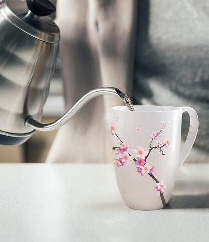 Tea Cup with Infuser and Lid for Steeping Loose Leaf Tea Bag Coffee Milk Women Office Home Gift 16oz Peach Blossoms