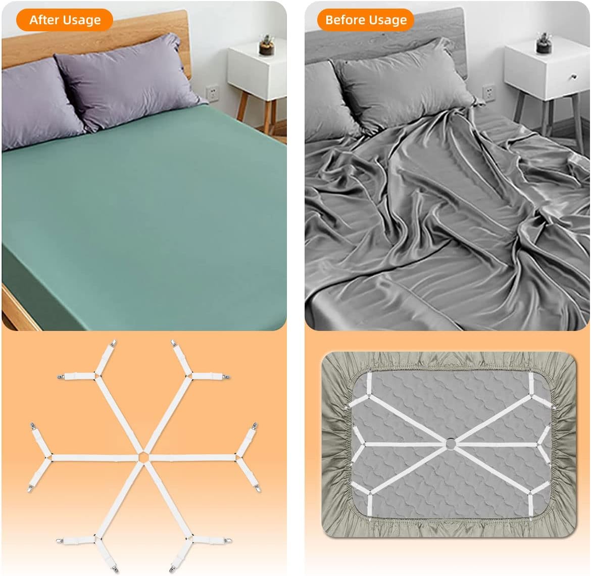 Sheet Fasteners, Adjustable Elastic Bed Sheet Holder Straps for Full,Queen,King Twin Bed,6 Way Cross Sheet Clips Suspenders Band,Fitted Round and Square Mattresses